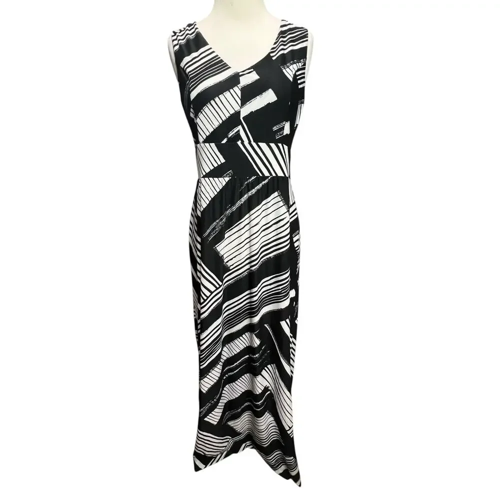 Soma Maxi Dress Womens S Black White Geometric Striped Empire Waist Soft Comfort